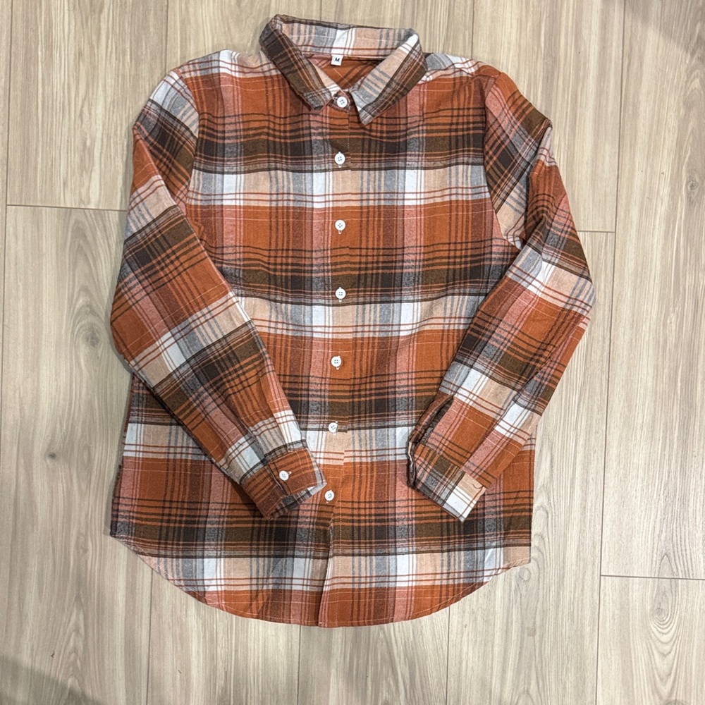 Amazon Women's Plaid Long Sleeve Shirt in Orange and Brown